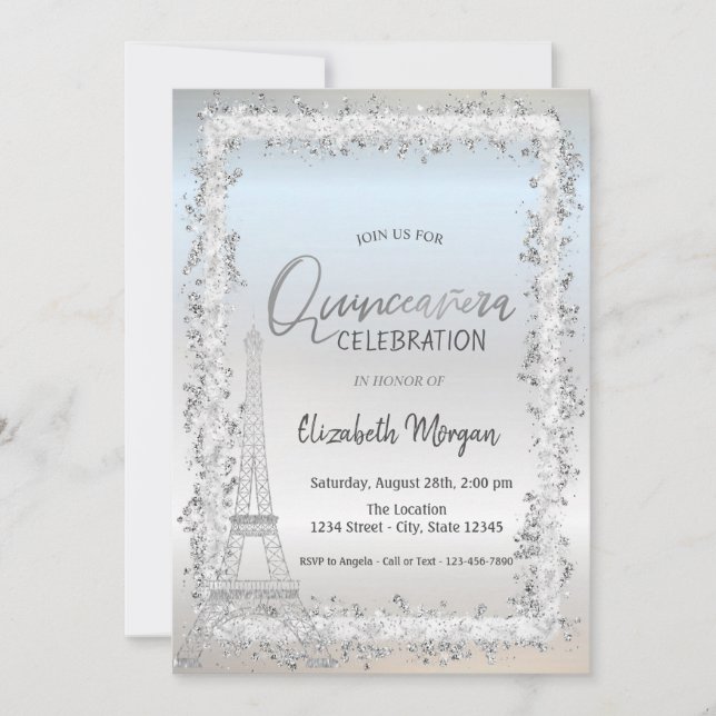 Invitación Marco plateado Torre Eiffel Plata Quinceanera (Anverso)