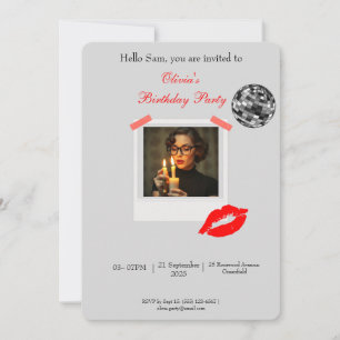 Invitación Marco Polaroide Disco Trendy con los labios rojos 