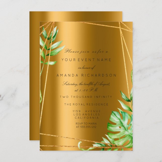 Invitación Marco Poligonal de Monstera Gold Verde Bridal Wedd (Anverso / Reverso)