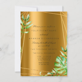 Invitación Marco Poligonal Dorado de Monstera Verde para Boda