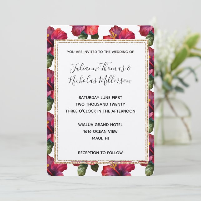 Invitación Marco Purpurina Boda de Hibiscus floral tropical r (Anverso de pie)
