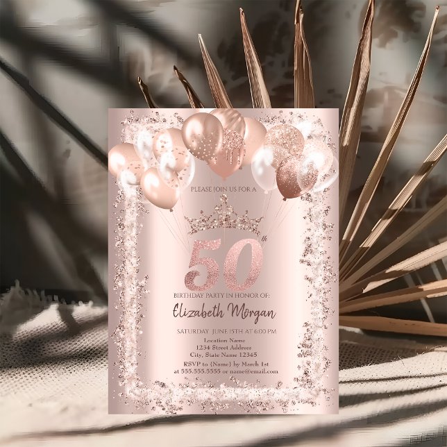Invitación Marco purpurina, Corona, Globos 50 cumpleaños (Subido por el creador)