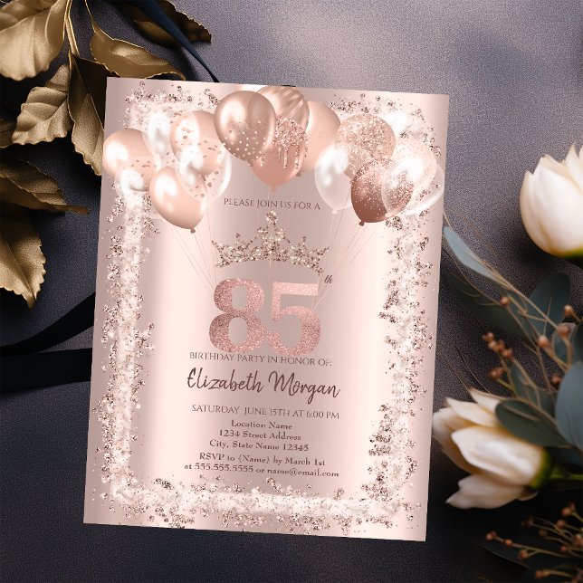 Invitación Marco purpurina, Corona, Globos Cumpleaños 85 (Subido por el creador)