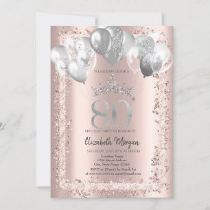 Invitación Marco purpurina, Corona Plata, Balones 80 cumpleañ