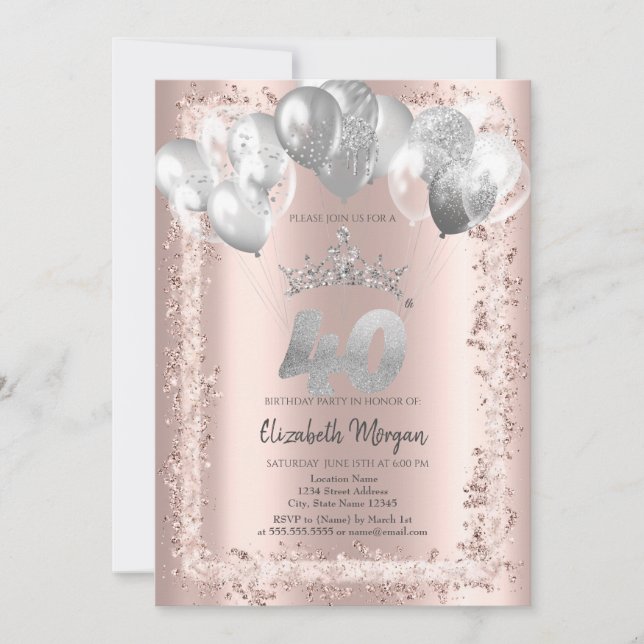 Invitación Marco purpurina, Corona Plata, Globos 40 cumpleaño (Anverso)