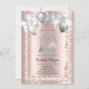 Invitación Marco purpurina, Corona Plata, Globos 40 cumpleaño