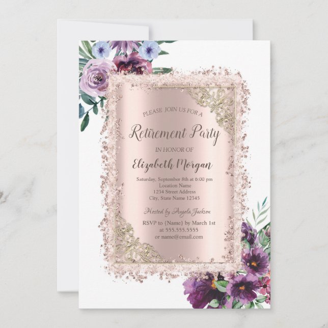 Invitación Marco Purpurina de flores violetas,Jubilación de o (Anverso)