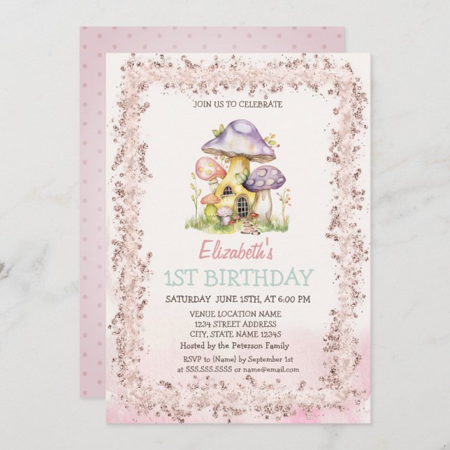 Invitación Marco Purpurina de las casas de hongos acuarelas (Anverso / Reverso)
