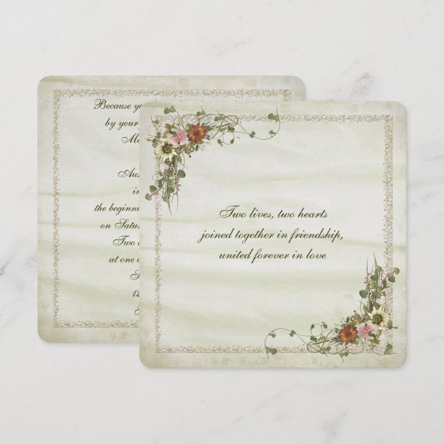 Invitación Marco purpurina dorado con ramo de flores (Anverso / Reverso)