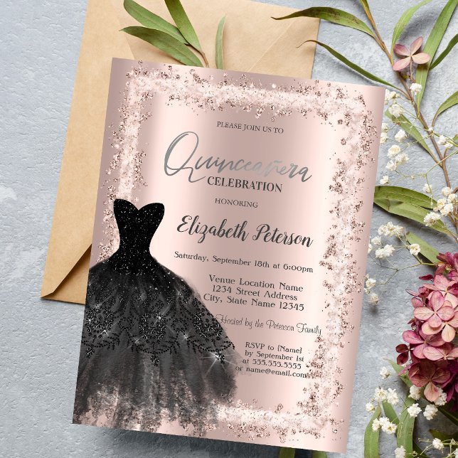 Invitación Marco purpurina, Rosa de vestir negro oro 15 cumpl (Subido por el creador)