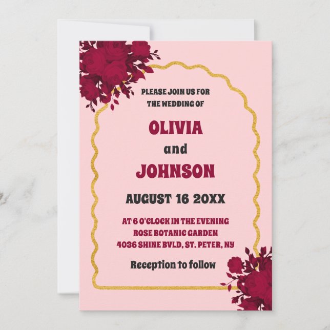 Invitación Marco retro Rubor Burgundy Floral Gold Arch (Anverso)