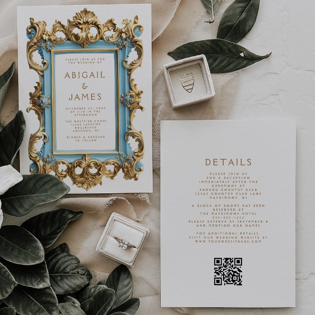 Invitación Marco Rococó Antiguo Azul Dorado Código QR Boda (Subido por el creador)
