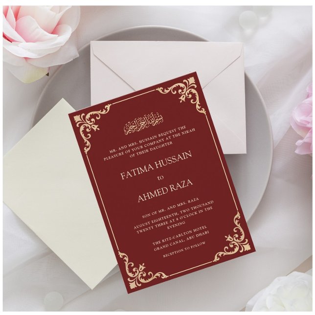 Invitación Marco Rococó Antiguo Ceremonia Nikah Rojo Burdeos (Subido por el creador)