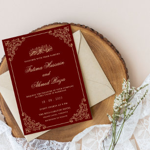 Invitación Marco Rococó Antiguo Dorado Burgundy Boda Musulman