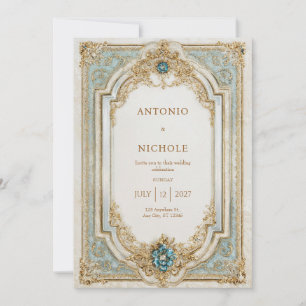 Invitación Marco Rococó Dorado Aqua Delicado Boda Victoriana
