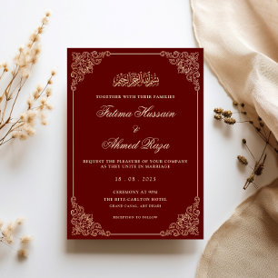 Invitación Marco Rococó Ornate Boda Musulmana Dorado Burgundy