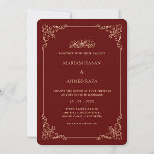 Invitación Marco Rococó Ornate Boda Musulmana Rojo Burgundy