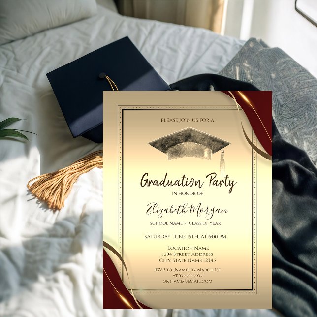 Invitación Marco Rojo Chic, Graduación Gorra Dorada Graduació (Subido por el creador)