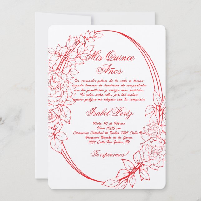 Invitación Marco rojo Quinceanera española (Anverso)