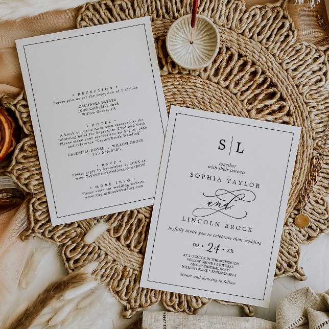 Invitación Marco Romántico De Monograma Negro En Un Boda (Subido por el creador)