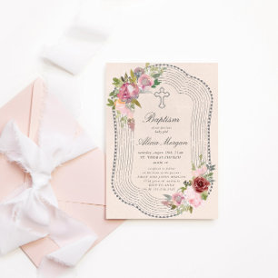 Invitación Marco rústico Bautismo Floral Rosa Borgoña