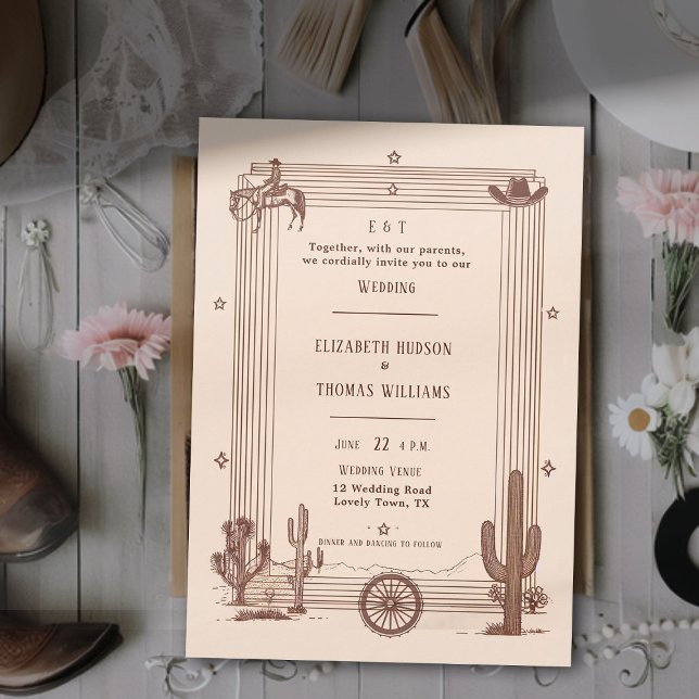 Invitación Marco rústico de terracota Boda de vintage (rustic vintage cowboy wedding invitation cactus horse hat terracotta frame barn backyard outdoor)