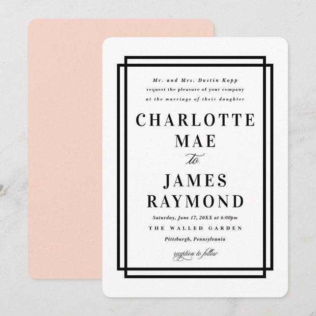 Invitación Marco simple Boda clásico negro (Anverso / Reverso)