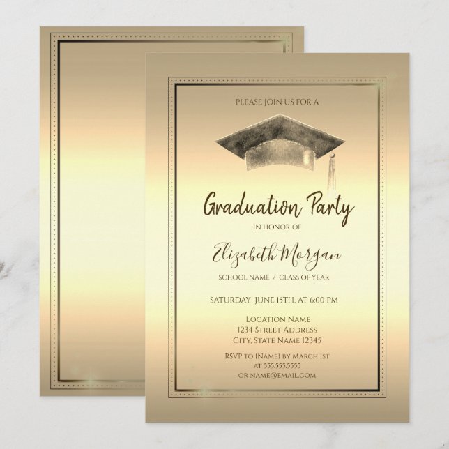Invitación Marco simple,Graduación de oro de tapón de graduac (Anverso / Reverso)