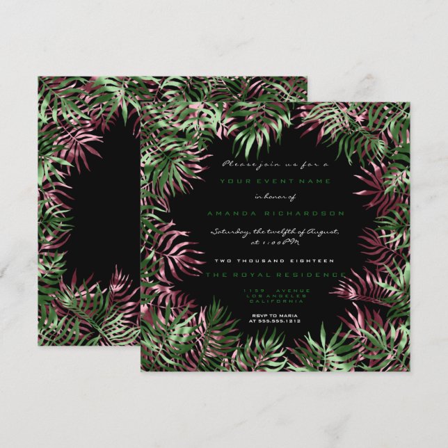Invitación Marco tropical de hojas de palmera verde negro bla (Anverso / Reverso)