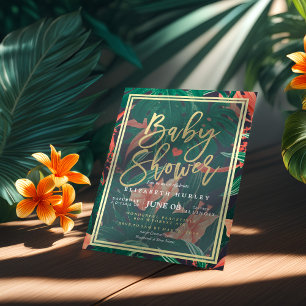 Invitación Marco Tropical Floral Gold para Baby Shower en Haw