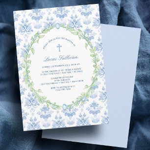 Invitación Marco verde Bautismo azul blanco