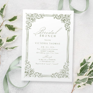 Invitación Marco Verde Salvia Vintage Elegante Desayuno Nupci