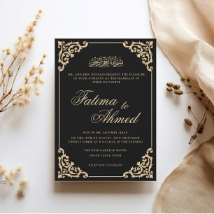 Invitación Marco Victoriano Barroco Dorado Negro Boda Musulma