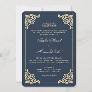 Invitación Marco Victoriano Boda Musulmana Azul Marino Dorado