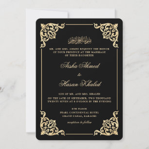 Invitación Marco Victoriano Dorado Negro Boda Musulmana Román