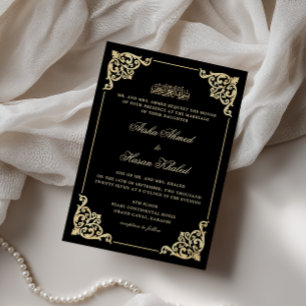 Invitación Marco Victoriano Dorado Negro Boda Musulmana Román