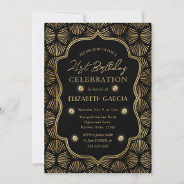 Invitación Marco vintage Art Déco negro y dorado para cumplea