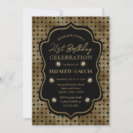 Invitación Marco vintage Art Déco negro y dorado para cumplea