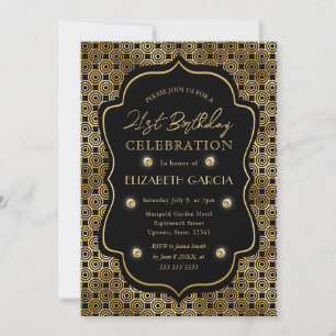 Invitación Marco vintage Art Déco negro y dorado para cumplea