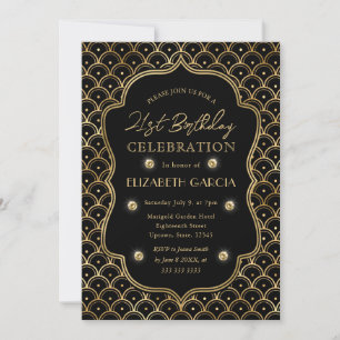 Invitación Marco vintage Art Déco negro y dorado para cumplea