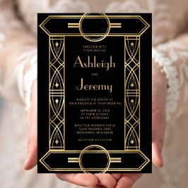 Invitación Marco Vintage Deco Dorado Boda Negra