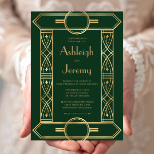 Invitación Marco Vintage Deco Dorado Bodas Verde Oscuro