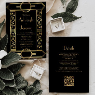 Invitación Marco Vintage Deco Dorado Código QR Negro Boda