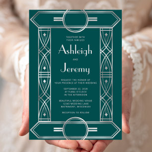 Invitación Marco Vintage Deco Plateado Boda Teal