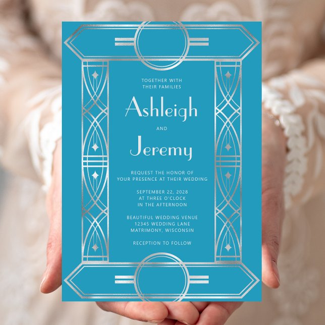 Invitación Marco Vintage Deco Plateado Boda Turquesa (Subido por el creador)