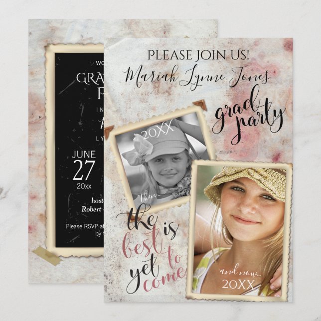 Invitación Marcos de fotos antiguas de antes y ahora de gradu (Anverso / Reverso)