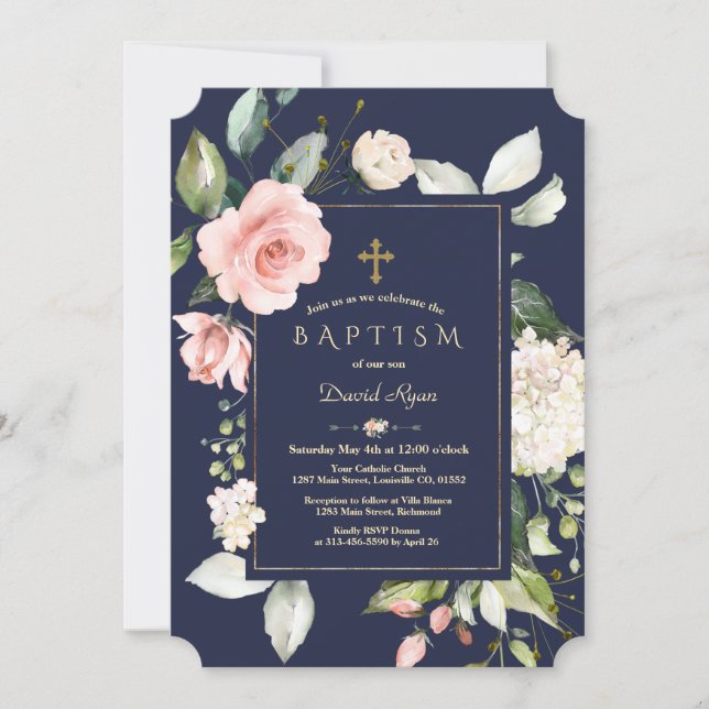 Invitación Marcos florales rosados de Rubor Marina Baptismo d (Anverso)