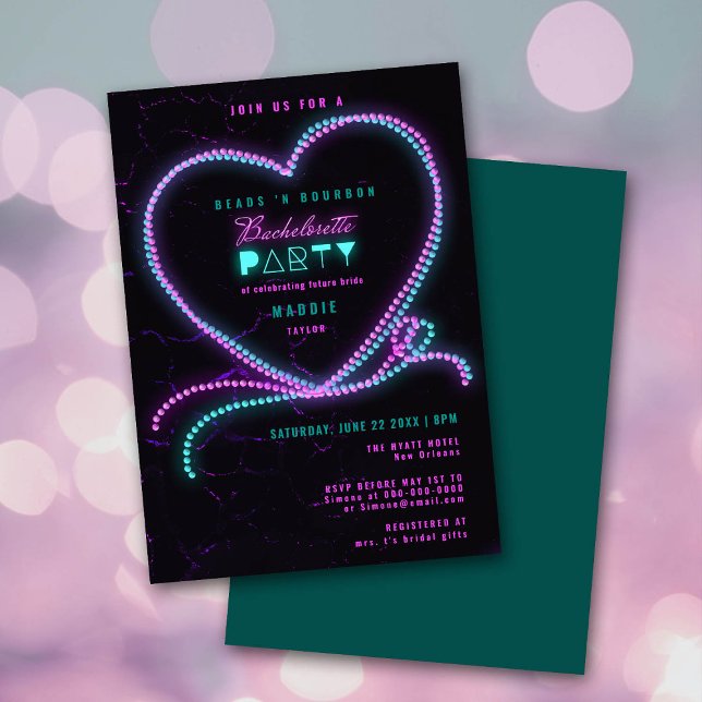 Invitación Mardi Beads Bourbon Neon Heart Bachelorette Party (Subido por el creador)