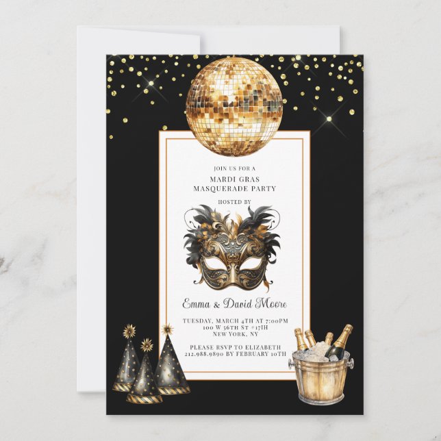 Invitación Mardi Gras 2026 Black Gold Glitter (Anverso)