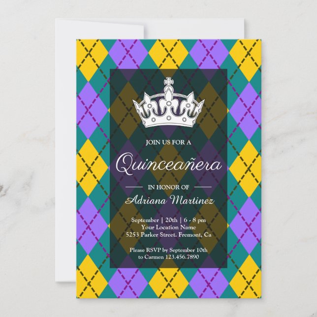 Invitación Mardi Gras Amarillo Morado Argyle Crown Quinceaner (Anverso)